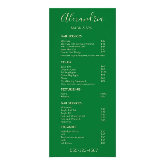 Stylish Green Salon Service Spa Menu (Front)