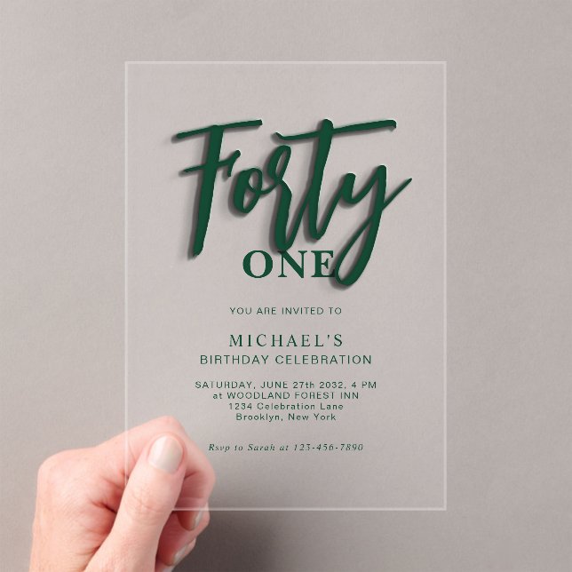 Stylish Green Script Forty 40th Adult Birthday Acrylic Invitations (Insitu (Handheld))
