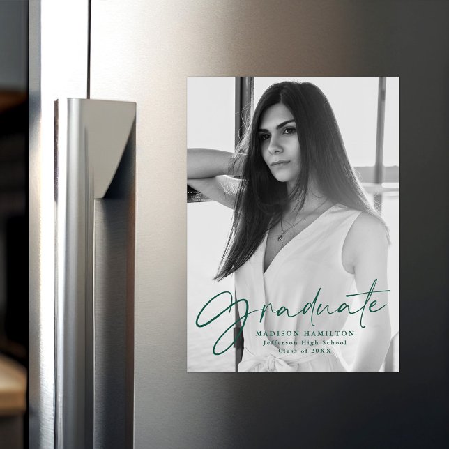 Stylish Green Script Graduation Magnetic Invitation (Creator Uploaded)