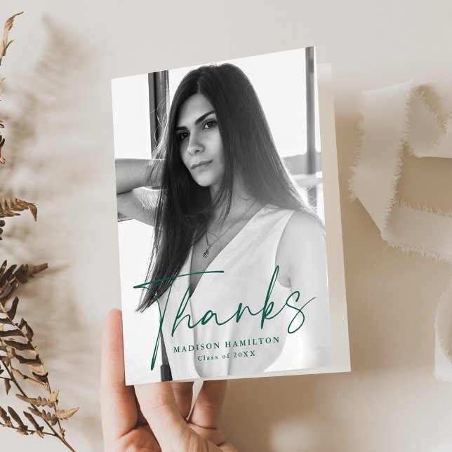 Stylish Green Script Photo Graduation Thank You Card (Creator Uploaded)