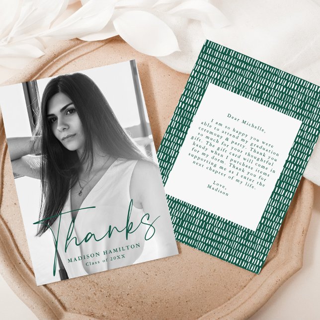 Stylish Green Script Photo Graduation Thank You Card (Creator Uploaded)