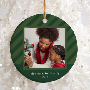 Stylish Green Stripe Simple Photo Christmas Ceramic Tree Decoration