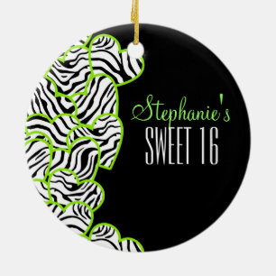 Stylish Green Sweet 16 Zebra Heart Design Name Ceramic Tree Decoration