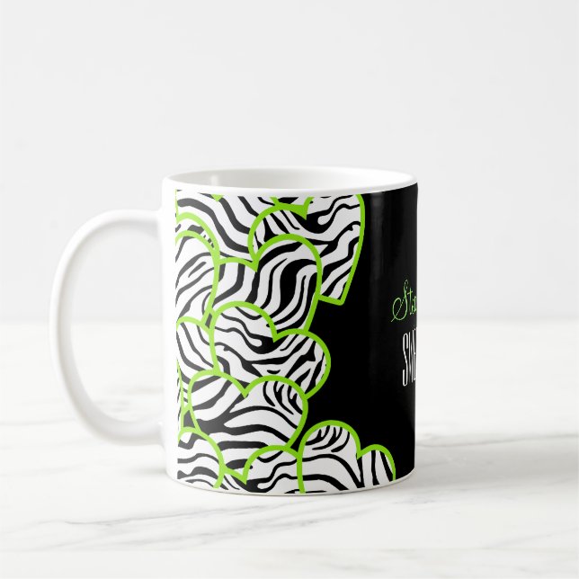Stylish Green Sweet 16 Zebra Heart Design Name Coffee Mug (Left)