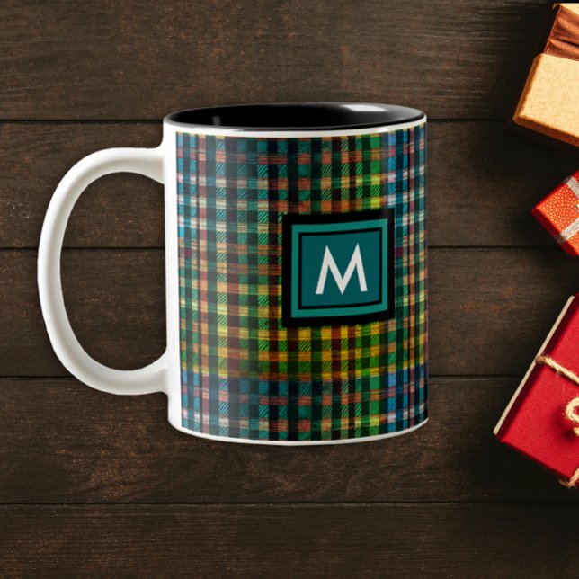 Stylish Green Tartan Scottish Pattern Monogram Two-Tone Coffee Mug (Creator Uploaded)