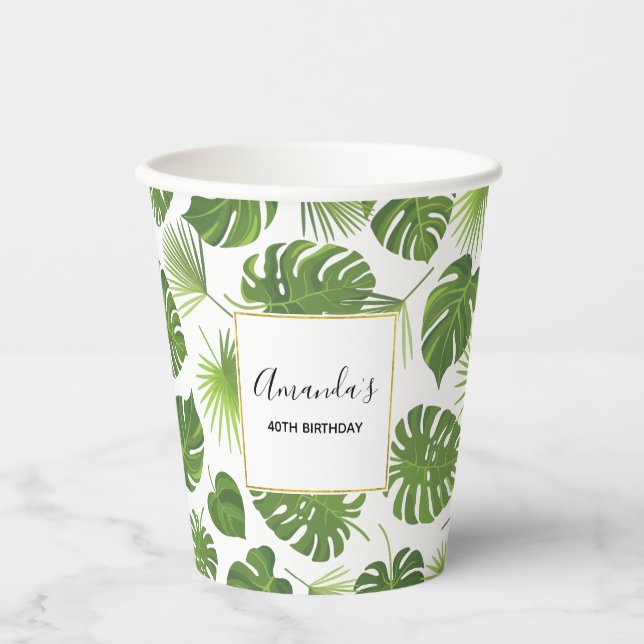 Stylish Green Tropical Leaves Pattern Birthday Paper Cups (Front)