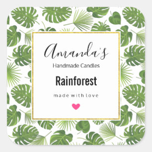 Stylish Green Tropical Leaves Pattern Candle Square Sticker