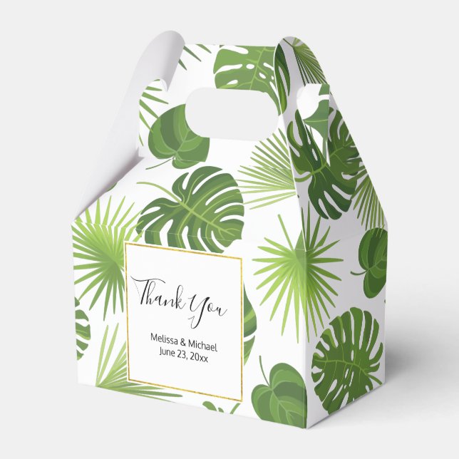 Stylish Green Tropical Leaves Pattern Favour Box (Front Side)