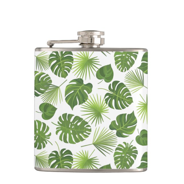 Stylish Green Tropical Leaves Pattern Hip Flask (Front)