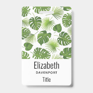 Stylish Green Tropical Leaves Pattern ID Badge