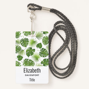 Stylish Green Tropical Leaves Pattern ID Badge