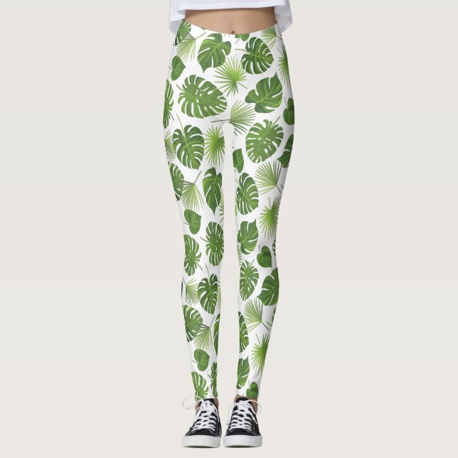 Stylish Green Tropical Leaves Pattern Leggings (Front)