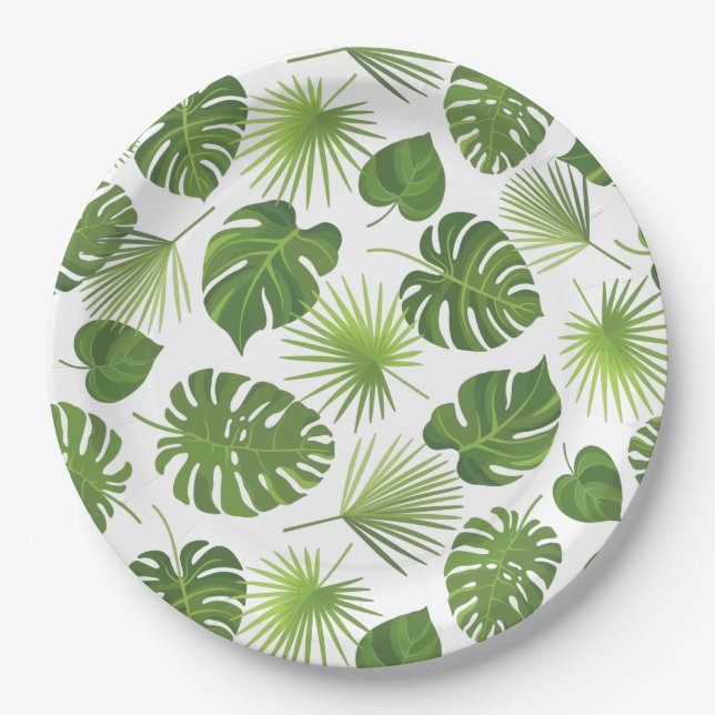 Stylish Green Tropical Leaves Pattern Paper Plate (Front)