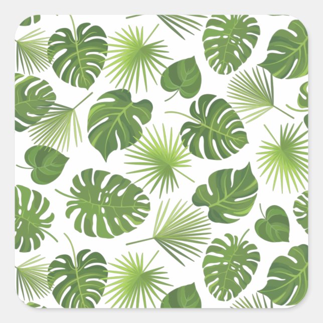 Stylish Green Tropical Leaves Pattern Square Sticker (Front)