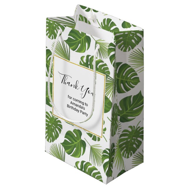 Stylish Green Tropical Leaves Pattern Thank You Small Gift Bag (Front Angled)