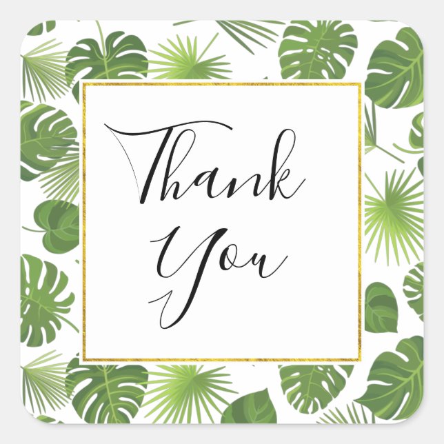 Stylish Green Tropical Leaves Pattern Thank You Square Sticker (Front)