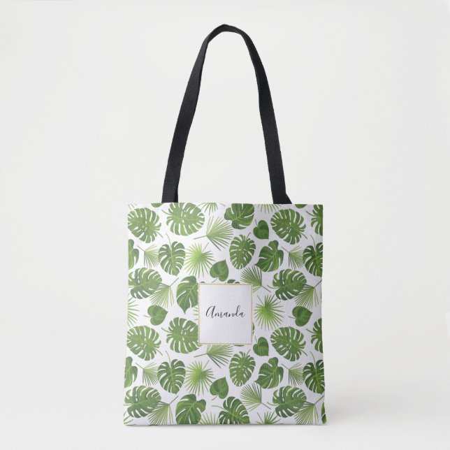 Stylish Green Tropical Leaves Pattern Tote Bag (Front)