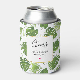 Stylish Green Tropical Leaves Pattern Wedding Can Cooler