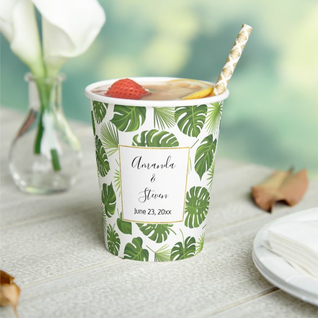 Stylish Green Tropical Leaves Pattern Wedding Paper Cups (Insitu)