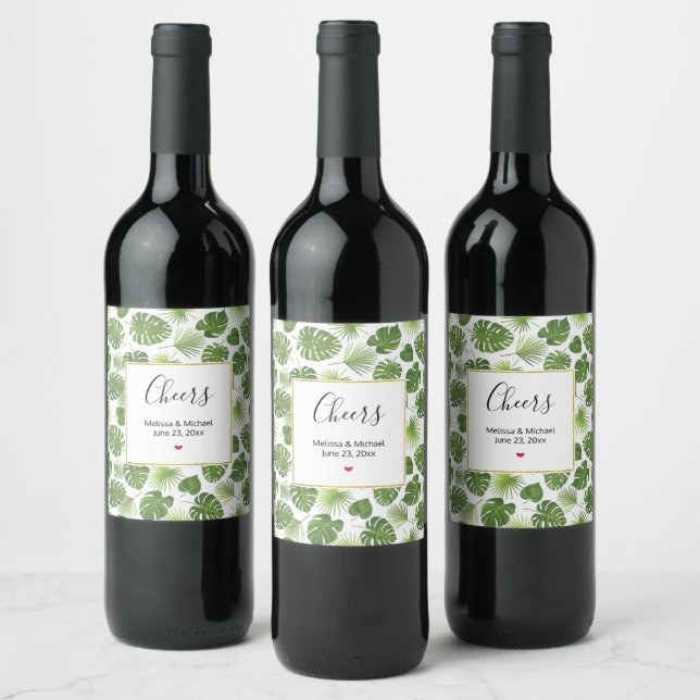 Stylish Green Tropical Leaves Pattern Wedding Wine Label (Bottles)