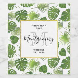 Stylish Green Tropical Leaves Pattern Wine Making Wine Label