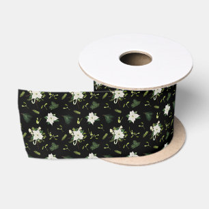 Stylish Green White Floral Floral Black Satin Ribbon