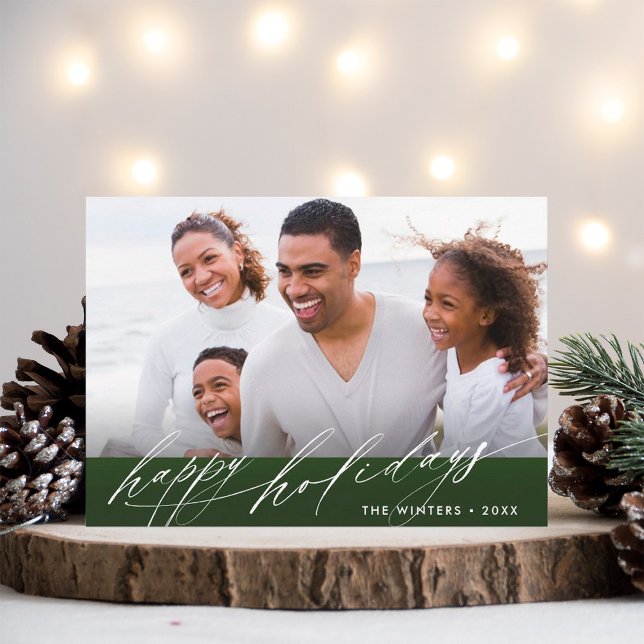 Stylish Green & White Script Christmas Photo Holiday Card (Creator Uploaded)