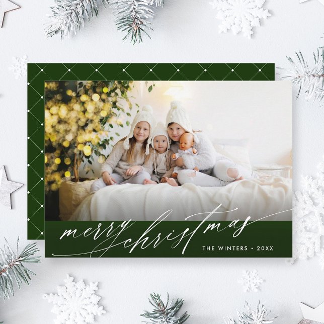Stylish Green & White Script Christmas Photo Holiday Card (Front & Back)