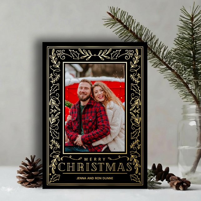 Stylish Greenery Christmas Photo Gold (Stylish REAL GOLD FOIL winter foliage border on black photo Christmas holiday cards)
