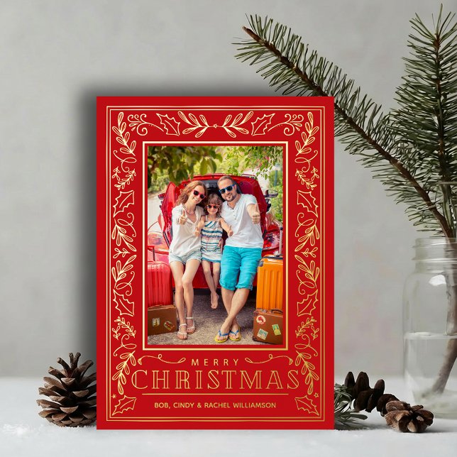 Stylish Greenery Christmas Photo Gold (Stylish REAL GOLD FOIL winter foliage border on red photo Christmas holiday cards)
