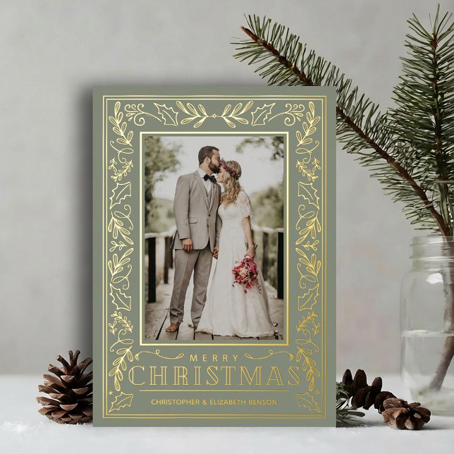 Stylish Greenery Christmas Photo Gold (Stylish REAL GOLD FOIL winter foliage border on sage green photo Christmas holiday cards)