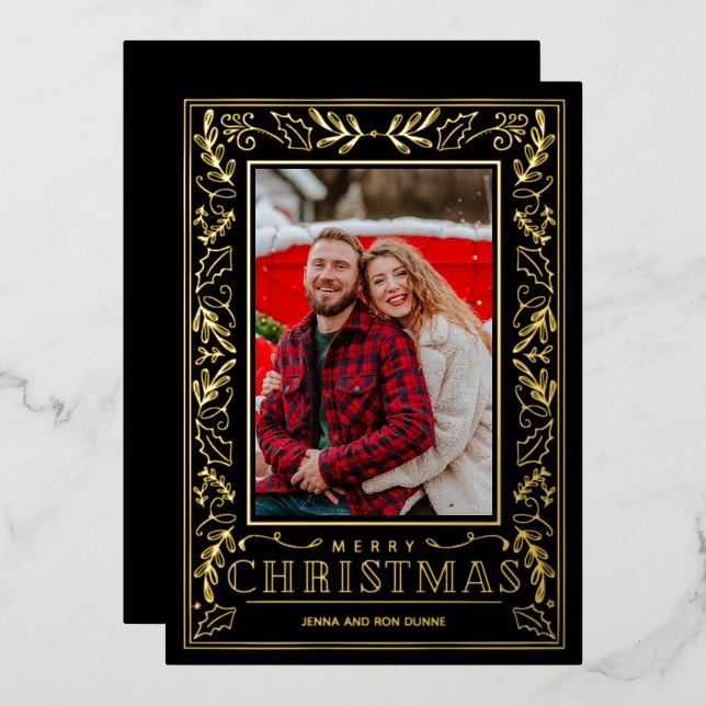 Stylish Greenery Christmas Photo Gold (Front/Back)