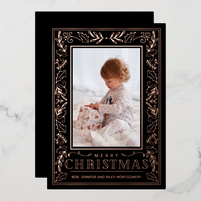 Stylish Greenery Christmas Photo Rose Gold (Front/Back)