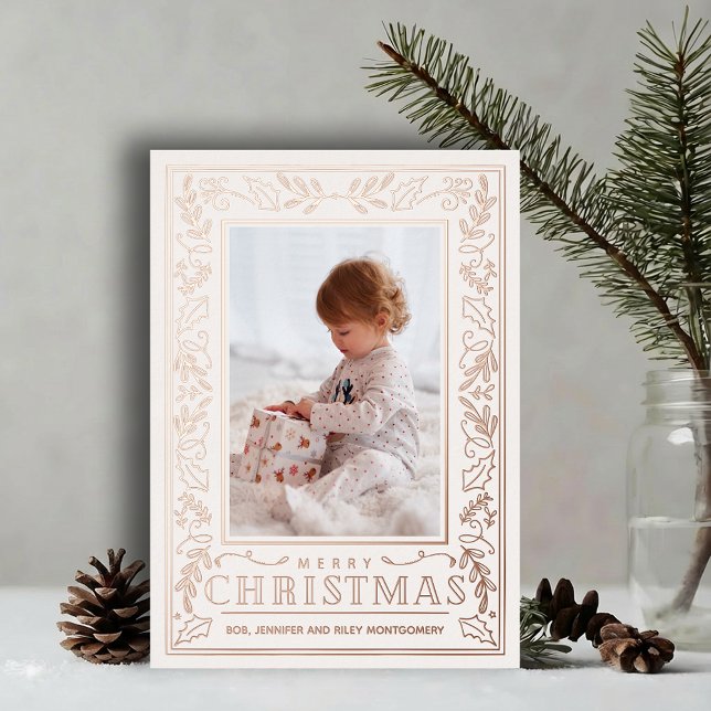 Stylish Greenery Christmas Photo Rose Gold (Stylish REAL ROSE GOLD FOIL winter foliage border on pale ivory photo Christmas holiday cards)