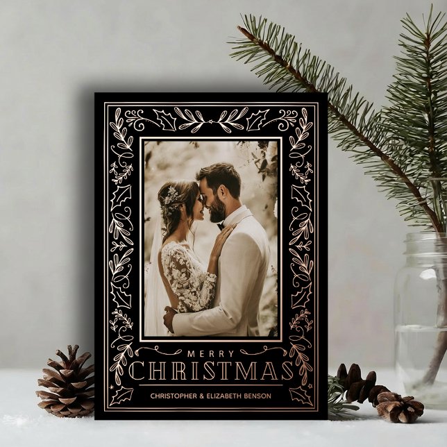 Stylish Greenery Christmas Photo Rose Gold (Stylish REAL ROSE GOLD FOIL winter foliage border on black photo Christmas holiday cards)