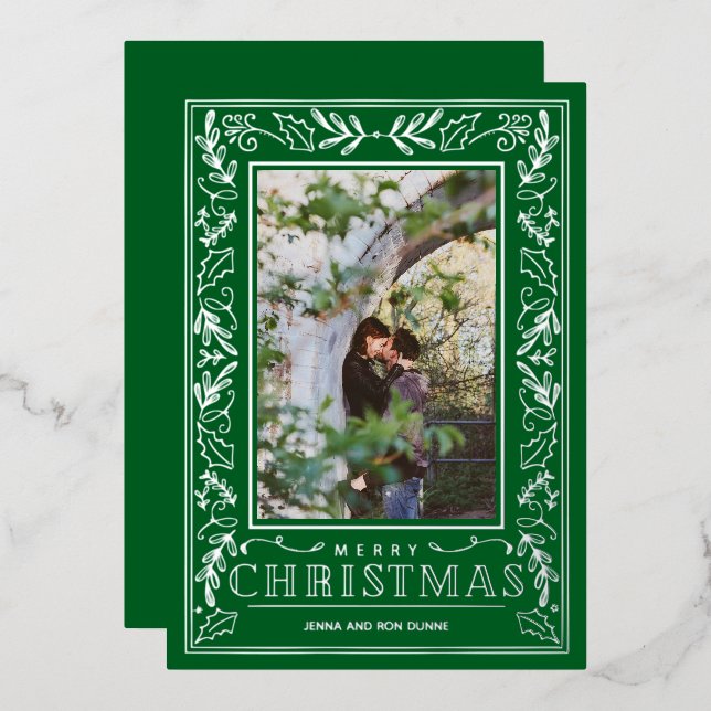 Stylish Greenery Christmas Photo Silver (Front/Back)