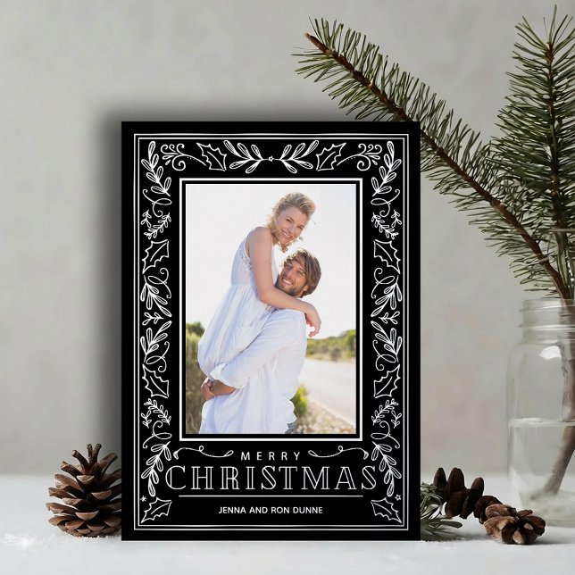 Stylish Greenery Christmas Photo Silver (Stylish REAL SILVER FOIL winter foliage border photo   Christmas holiday cards)