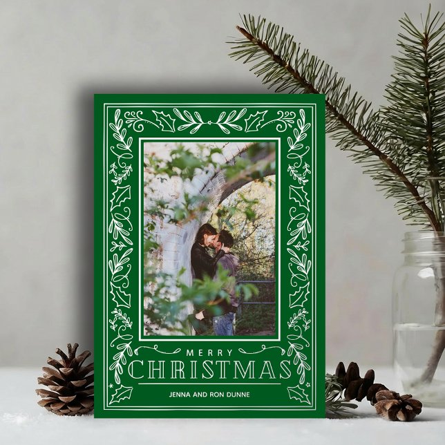 Stylish Greenery Christmas Photo Silver (Stylish REAL SILVER FOIL winter foliage border on green photo Christmas holiday cards)