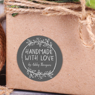 Stylish Greenery Handmade With Love Name Gray Classic Round Sticker