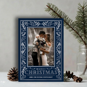 Stylish Greenery on Blue Christmas Photo Silver