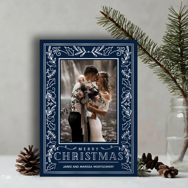 Stylish Greenery on Blue Christmas Photo Silver (Stylish REAL SILVER FOIL winter foliage border on navy blue photo Christmas holiday cards)