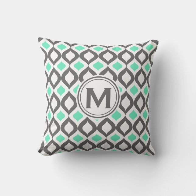 Stylish Grey and Mint Ogee Pattern Cushion (Front)