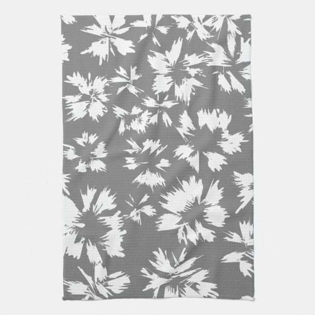 Stylish Grey and White Floral Pattern. Tea Towel (Vertical)