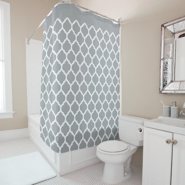 Stylish Grey and White Moroccan Quatrefoil Pattern Shower Curtain (In Situ)