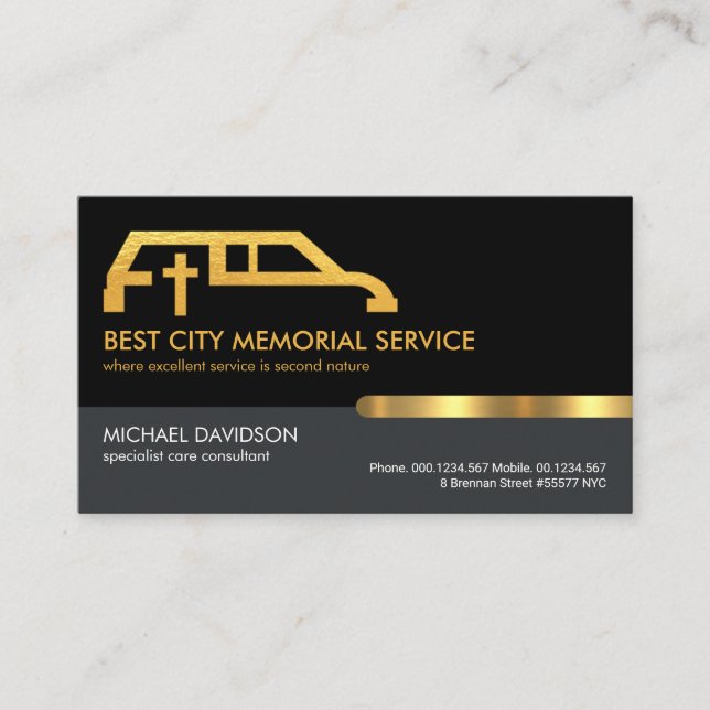 Stylish Grey Black Layer Gold Tab Memorial Business Card (Front)