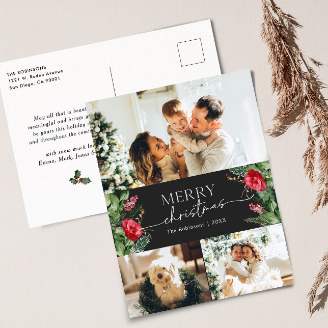Stylish Grey Botanical Merry Christmas Holiday Postcard (Creator Uploaded)