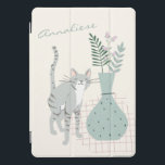 Stylish Grey Cat Teal Floral Illustration Custom iPad Pro Cover<br><div class="desc">This stylish iPad cover features a pretty illustration of a grey cat standing next to a teal green vase filled with florals and botanicals. Personalise it with your name in handwritten script typography. Great gift for cat lovers.</div>
