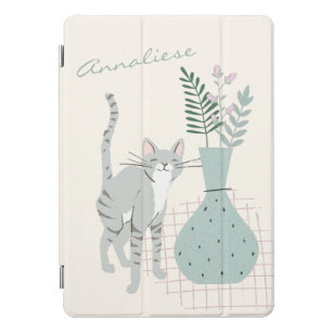 Stylish Grey Cat Teal Floral Illustration Custom iPad Pro Cover