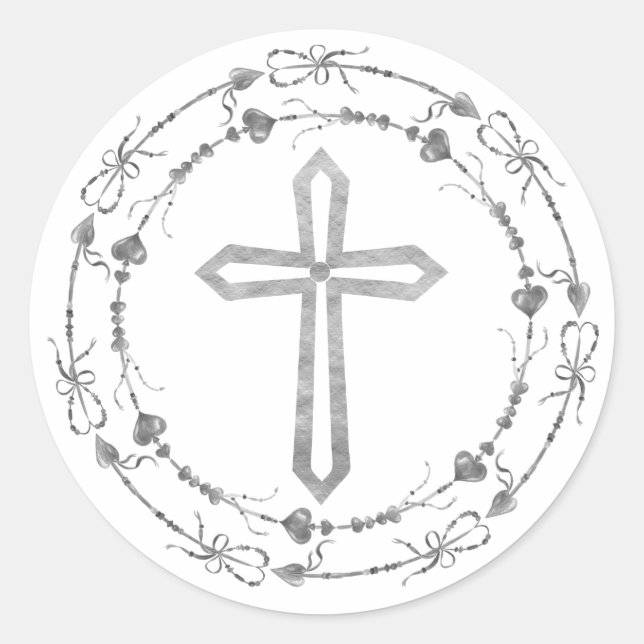 Stylish Grey Cross Boho Wreath Baptism Classic Round Sticker (Front)