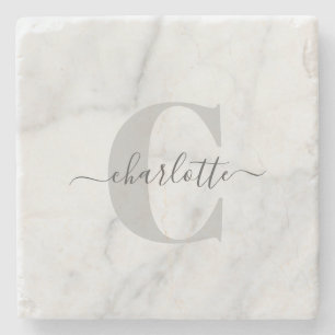Stylish Grey Marble Personalised Monogrammed   Stone Coaster